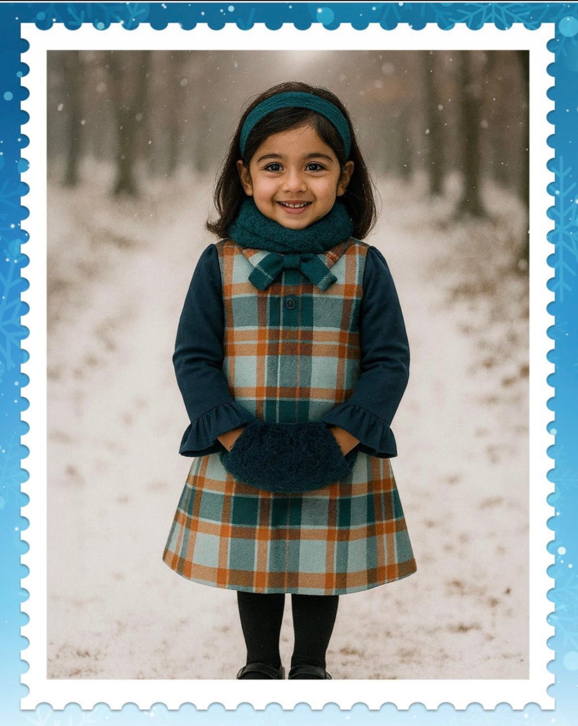 Blue & Brown Checkered Dress with Muff