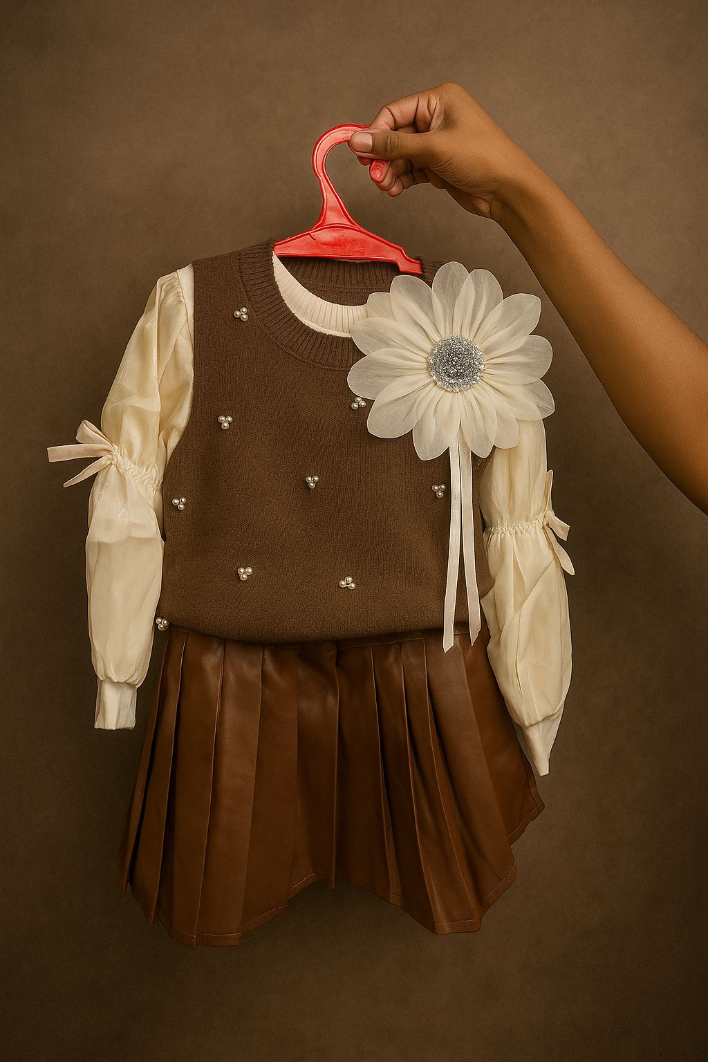 Brown Knit Vest Dress with Pearl Accents