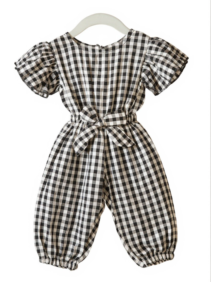 Classic Black Gingham Puff Sleeve Jumpsuit