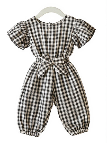 Classic Black Gingham Puff Sleeve Jumpsuit