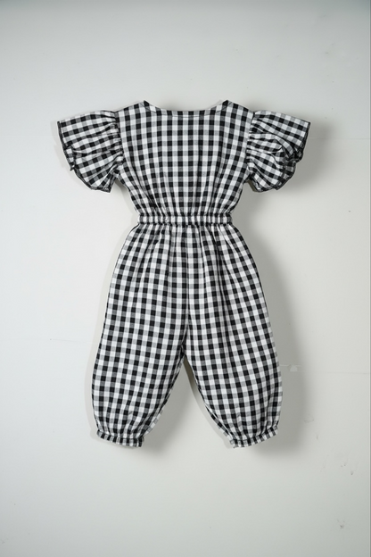 Classic Black Gingham Puff Sleeve Jumpsuit