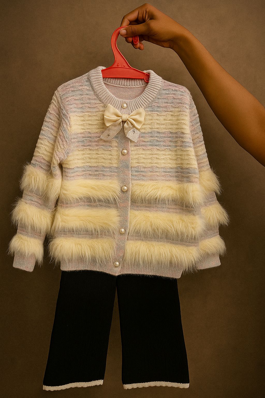 ⁠Cream & Pastel Striped Fur-Trim Cardigan Set